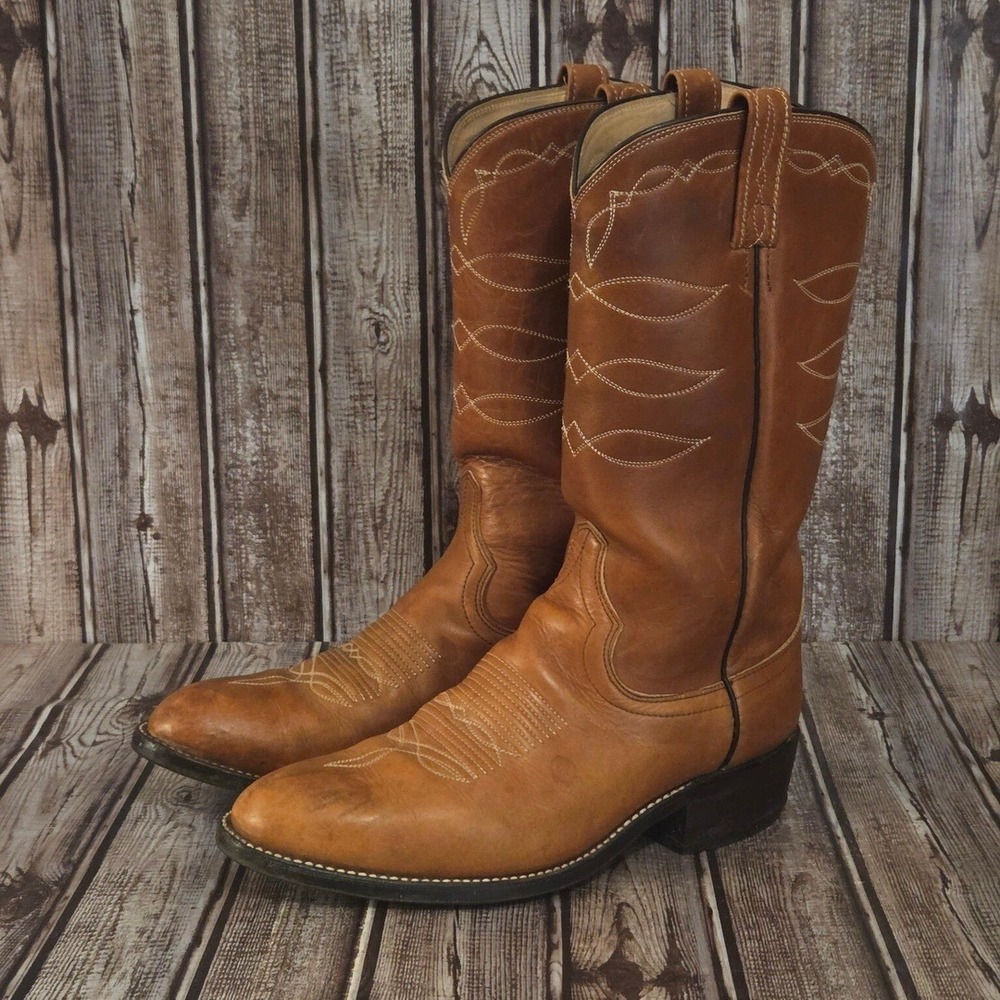 Sz 8.5 D Mens Dan Post Cognac Brown Leather Round Toe Western Cowboy Boots